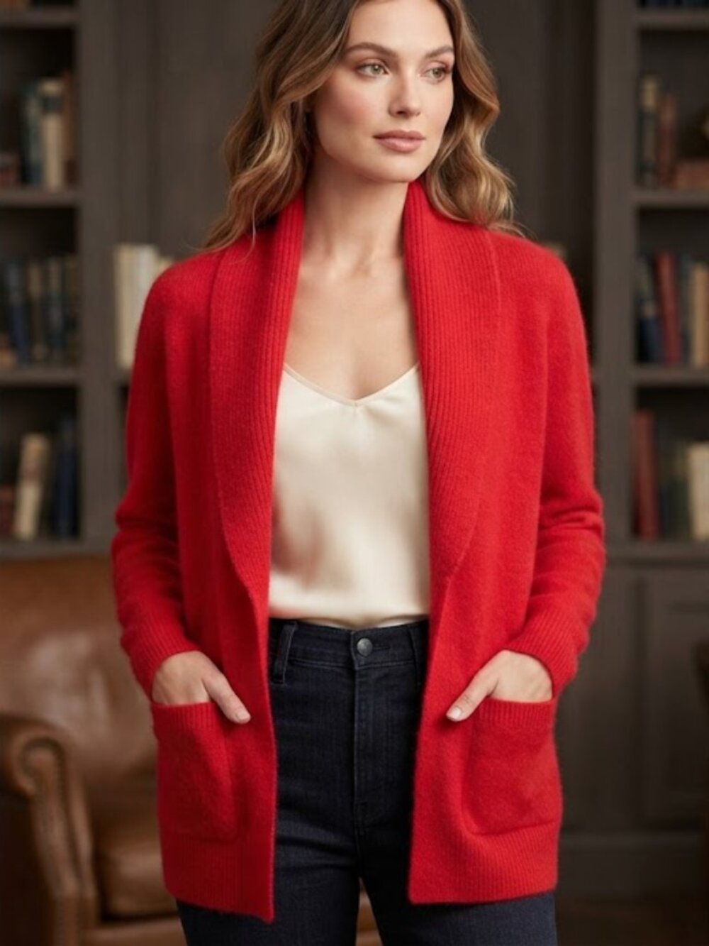 EUC Vintage Angora Lambswool Blend Red Open Front Cardigan - Size M